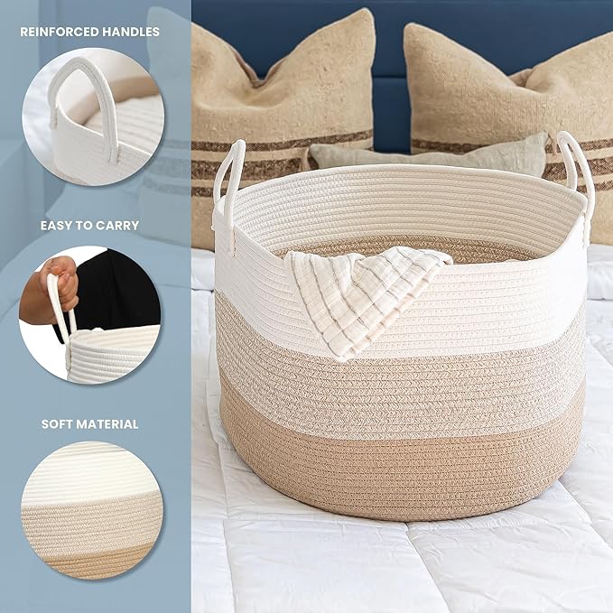 OrganiHaus Extra Large Blanket Basket for Living Room 20x13, Natural Cotton Rope Laundry Basket, Sturdy Hamper for Toy Storage, Cushions & Pillows Storage Bin, Nursery Decor Hamper - Honey