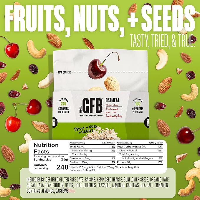 The GFB Fruit, Nuts and Seeds Protein Oatmeal Cups - Unique Pop-Up Bowl - Gluten Free, Plant Based, Non GMO, Sustainably Made - Ridiculously Tasty, Healthy, Vegan Protein Instant Oatmeal, 2 oz (6 Count)