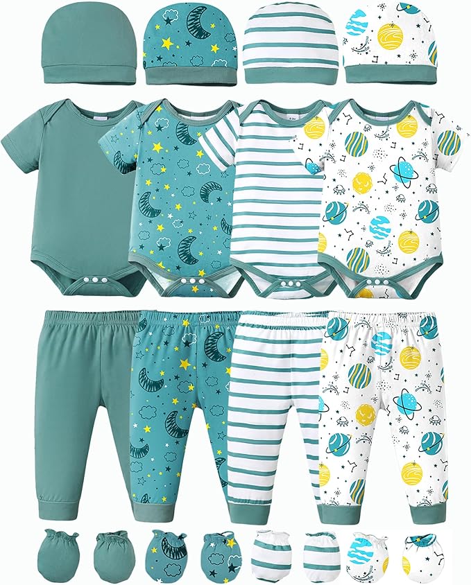 NZRVAWS Newborn Baby Boy Girl Clothes Unisex Infant Romper Pants Set Hat 4-Pack Outfits 0-12 Months 16 Pieces Toddler