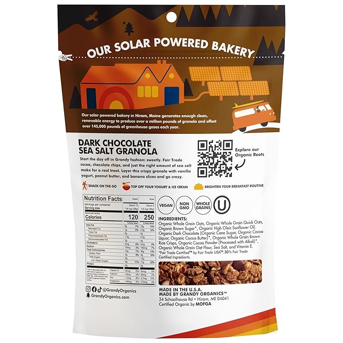 Grandy Organics Dark Chocolate Sea Salt Granola, Certified Organic Granola, Gluten Free, Non-GMO, Certified Kosher, Plant Based Protein, 12oz Each, Pack of 6