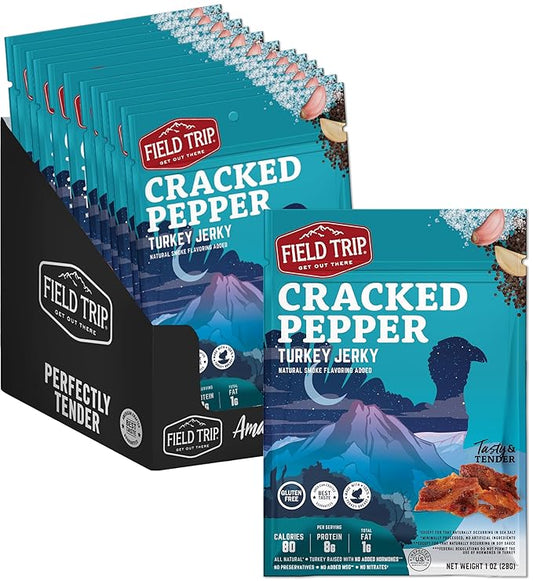 Field Trip Turkey Jerky, Gluten Free, Low Carb, Healthy High Protein Snacks, No Nitrates, All Natural Ingredients, Cracked Pepper, 1oz Bags, 12 Pack