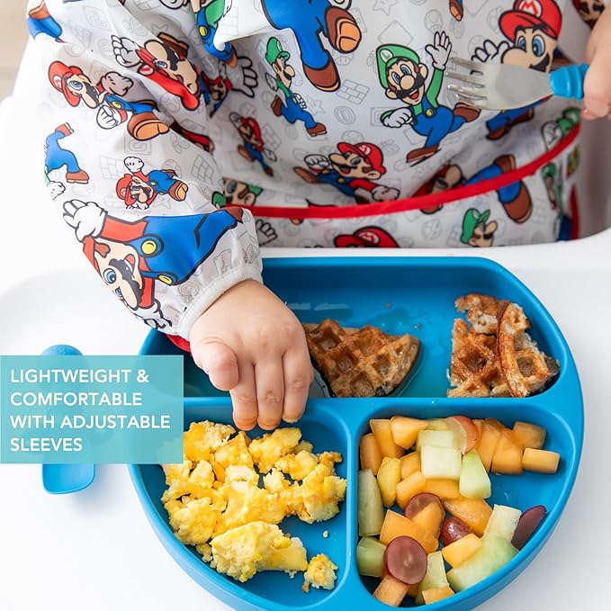 Bumkins Bibs, Baby and Toddler Girls and Boys 6-24 Months, Long Sleeve, Essential Must Have for Eating, Feeding, Mess Saving Lightweight Waterproof Fabric Sleeved Smock, Nintendo Mario and Luigi