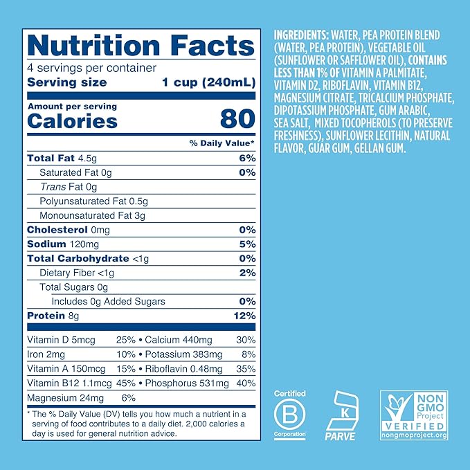 Ripple Unsweetened Original Plant Based Milk | 8g of Quality Sourced Pea Protein, Calcium Rich | Shelf Stable | Vegan, Non GMO | Dairy, Soy, Nut, & Gluten Free | 32 Fl Oz Cartons (Pack of 6)