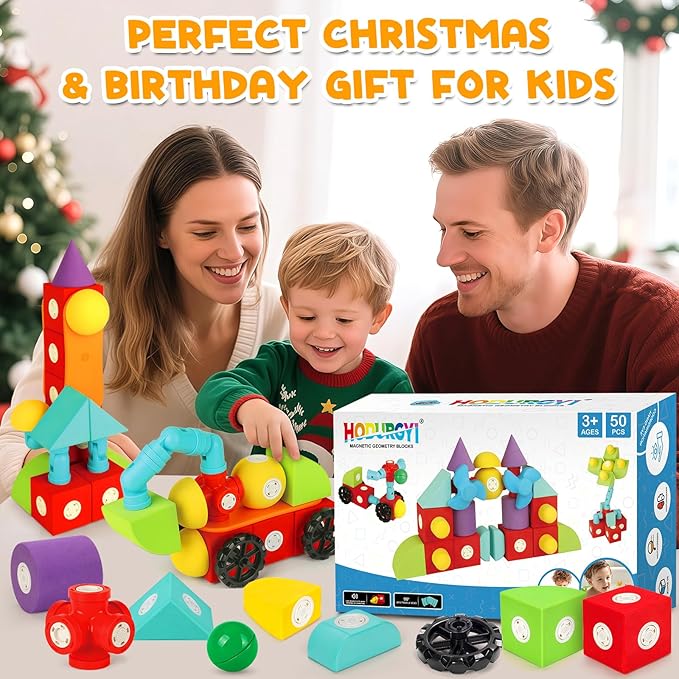 50 PCS Magnetic Foam Blocks for Kids, Large Magnetic Building Blocks for Toddlers 3+, Kids Bath Toys and Preschool STEM Educational Toys, Birthday for Boys & Girls 3 4 5 6+ Years Old