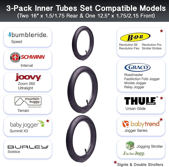 16" Back and 12.5" (2+1) Front Wheel Replacement Inner Tubes and Tires | Compatible with BoB Stroller Tire Revolution SE/Pro/Flex/SU/Ironman - Made from BPA/Latex Free Premium Quality Butyl Rubber