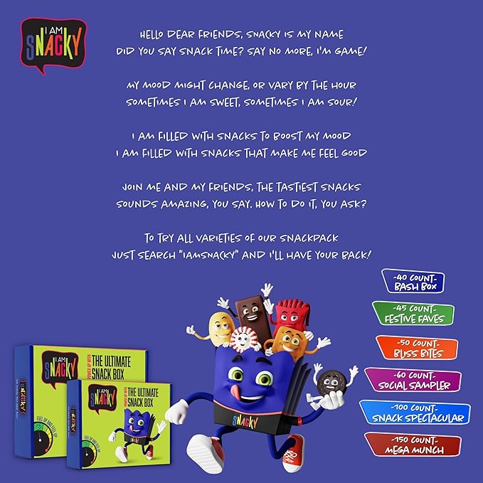I AM Snacky - Back to School/Off to College Snack Box Variety Pack Care Package + Greeting Card - SNACKY'S BASH BOX (40 Count) Birthday Sweet Treats Gift Basket, Candies Chips, Office Food Assortments