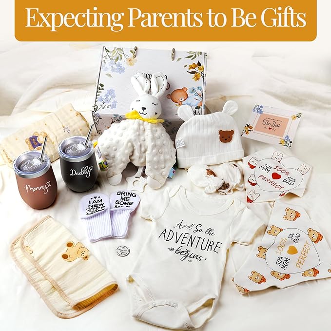 New Mom Gifts, 14pcs First Time Women Care Package after Baby, Pregnancy Gender Reveal Gifts with Mom and Dad Tumbler Set for Expecting Mommy, New Parents, Baby Shower