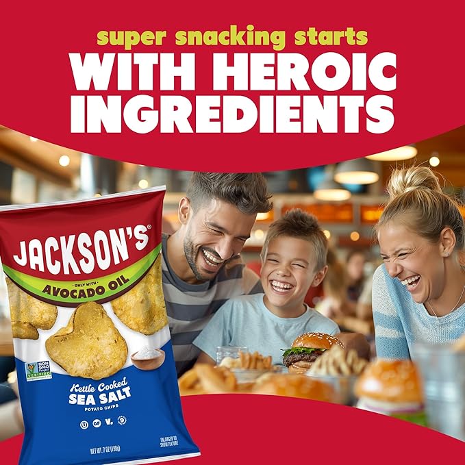 Jackson’s Potato Classic Kettle Chips with Sea Salt (5oz, Pack of 7) - Made with Premium Avocado Oil - Allergen-friendly, Gluten Free, Peanut Free, Vegan, Kosher - Shark Tank Product