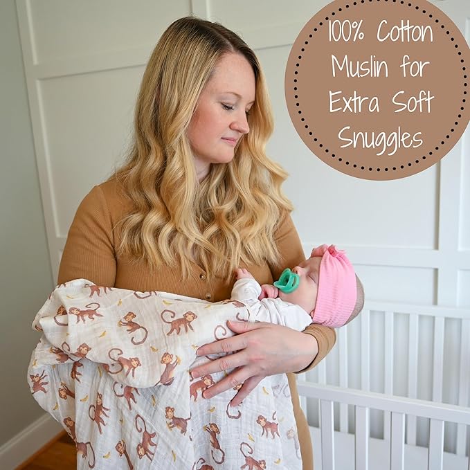 LollyBanks Muslin Swaddle Blankets, 100% Cotton Baby Swaddle Blanket for Boys and Girls, Large 47 x 47 Inches Newborn Swaddle, Soft and Breathable Baby Receiving Blankets, Registry (Monkey Print)