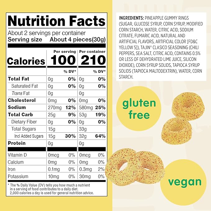 Snak Club Pineapple Rings, Tajin Chili & Lime Seasoned, Sweet and Spicy Gummy Candy, Mild in Heat Bold in Flavor, Low-Fat, Vegan, Gluten-Free Snack, Snack Size, 2.25 Ounce, 12 Count