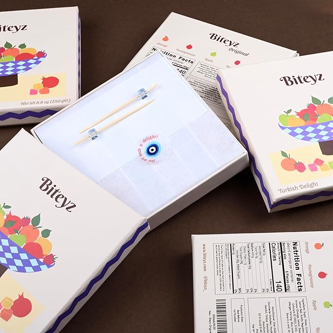 Biteyz Original Turkish Delight, Vegan Candy Gift Box - Assorted Gourmet Fruit Snacks with Lemon, Apple, Orange, Pomegranate, and Raspberry Flavors, 36 Pieces of Luxury Handmade Vegan Treats