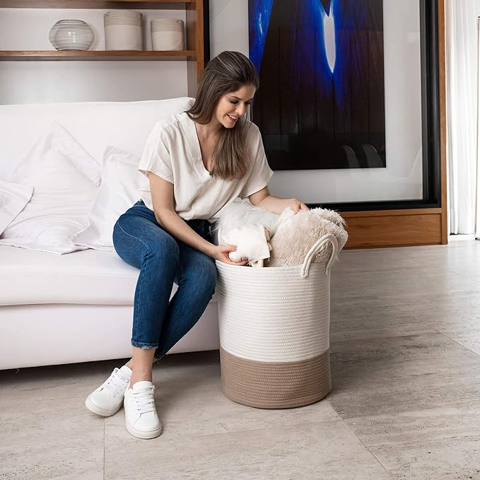 OrganiHaus Boho Woven Basket for Blankets and Laundry, Decorative Large Storage Bin for Living Room, Nursery Basket for Toys & Clothes, Soft Cotton Rope with Handles 15x18 inches - Off-White/Honey