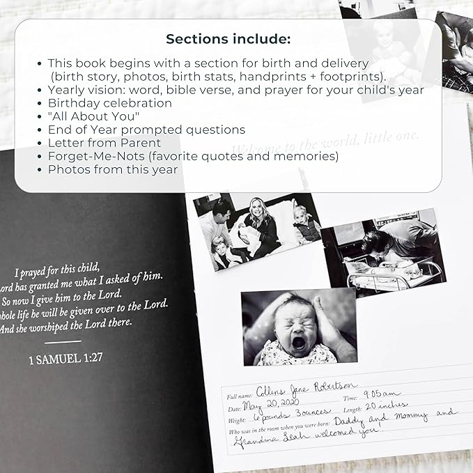 Baby Memory Book - Childhood Memory Book For Milestones - Baby Photo Album with Writing Space - Family Keepsake Journal w/Prompts (Grey,230 Pages)
