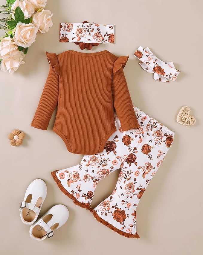SUNNY PIGGY Newborn Baby Girl Clothes Infant Outfits Romper Floral Fall Outfit Bell Bottoms Pant Sets Hat Headband Flowerpant