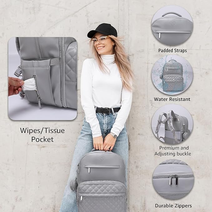 Award-Winning 3-SET Premium Leather Diaper Bag Backpack – Stylish, Durable, Waterproof Vegan Leather with PEVA Changing Pad & Baby Headrest, Travel-Friendly, Organized for Busy Parents