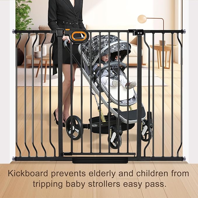 owlie 37.4" Extra Tall Wide Baby Gate for Stairs Doorways,57-66 Inch Extra Large Long Baby Gate with Door Indoor Safety Metal Pressure Mounted Pet Gate with Walk-Thru Auto Close, Black