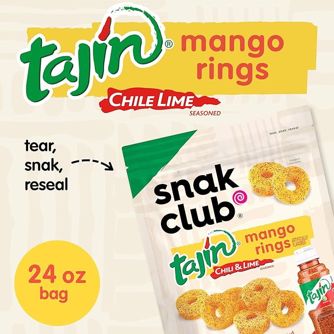 Snak Club Tajin Mango Rings Gummy Candy, Fruit Candy Gummies with Chili and Lime Seasoning, Mild, Gluten-Free and Vegan Snacks, 24 oz Resealable Bag