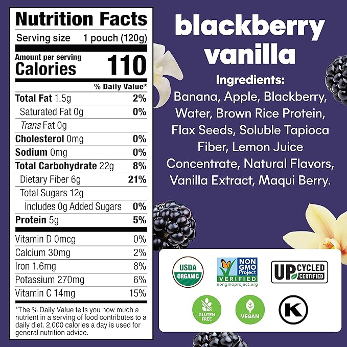 Noka Superfood Fruit Smoothie Pouches, Blackberry Vanilla, Healthy Snacks with Flax Seed, Plant Protein and Prebiotic Fiber, Vegan and Gluten Free Snacks, Organic Squeeze Pouch, 4.22 oz, 6 Count