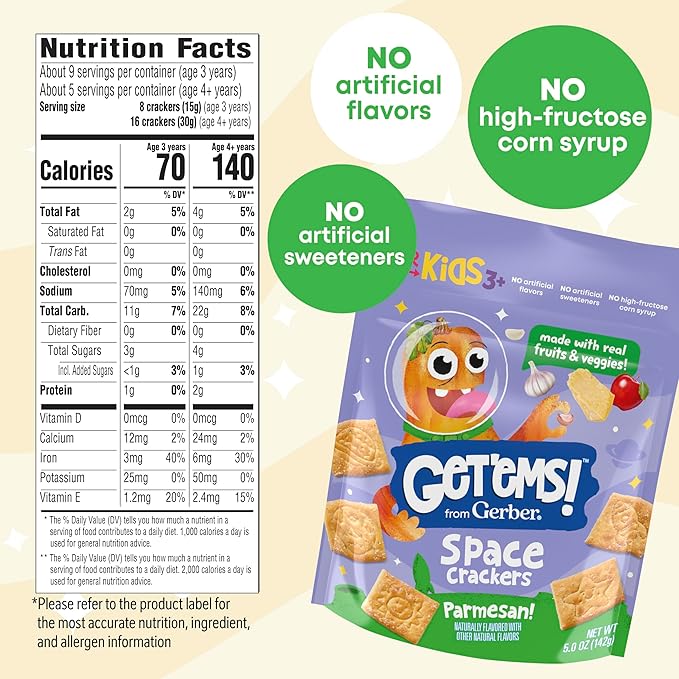 Get'ems! from Gerber, Snacks for Kids, Parmesan Space Crackers, Made with Real Veggies & Fruits, Iron & Vitamin E - 4 pack
