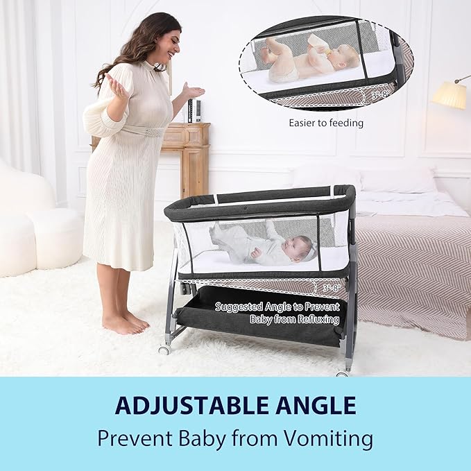 Baby Bassinet Bedside Sleeper, 3 in 1 Rocking Bassinet for Baby, Arms Reach Co Sleeper Bassinet with Wheels, Adjustable Height, Storage, Mattress & Canopy (Black)