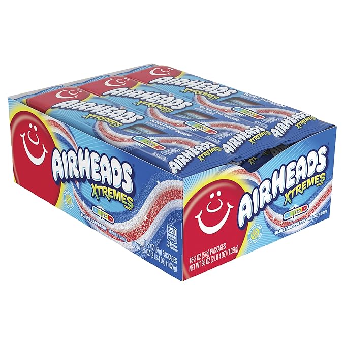 Airheads Xtremes Belts, Halloween Trick or Treat Sweetly Sour Candy, Bluest Raspberry, Non-Melting, Movie Theater, 2 oz, 18 Count (Pack of 1)