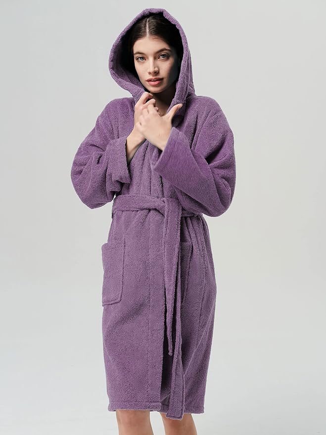 SIORO Womens Hooded Terry Cloth Robe, Cotton Absorbent Knee-Length Bathrobe, Housecoat with Pockets for Spa & Shower