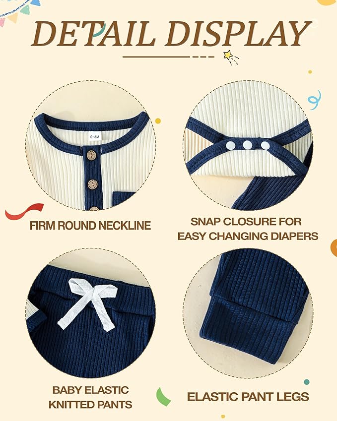 Newborn Baby Boy Girl Clothes Ribbed Knit Cotton Long Sleeve Romper Long Pant Preemie Solid Color Unisex Outfits