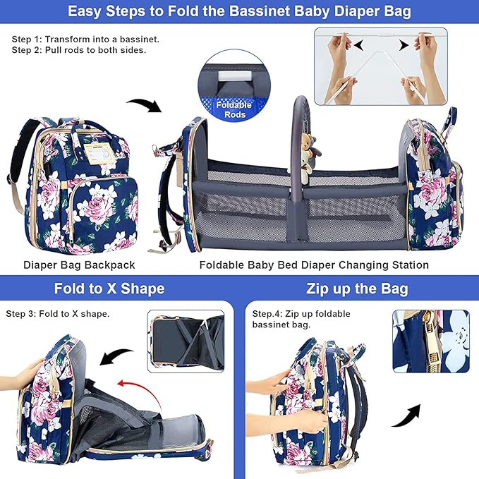 Diaper Bag Backpack with Changing Station, Foldable for Bady Toddler, 3 in 1 Large Capacity Newborn Essentials Organizer with Stroller Hook for Girls and Boys（Blue）
