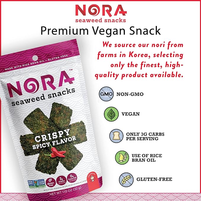 Crispy Spicy Seaweed Snacks by Nora, Thick Nori Sheets Snack Strips, Low-Carb Healthy Snacks for Adults, Asian Snacks, Vegan, Gluten-Free, Non-GMO, 6-Pack