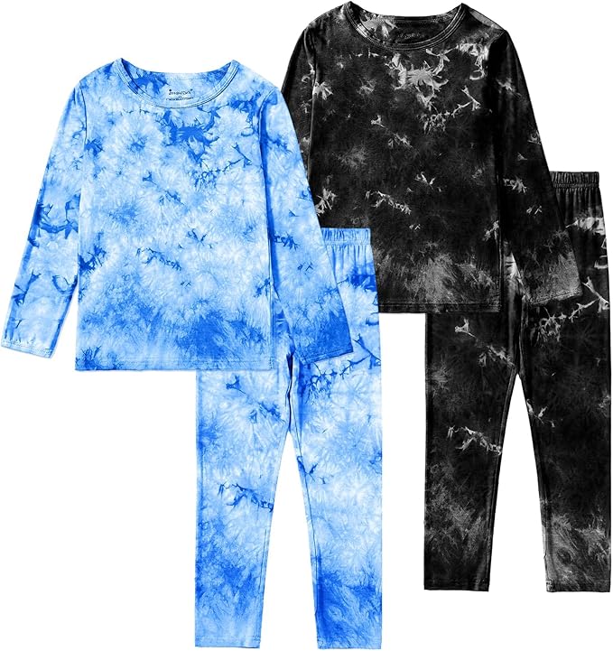 Jimonda Kids Toddler Soft Rayon From Bamboo Pajamas Long Sleeve Boys Girls Sleepwear Outdoor 4pcs Set Tops&Pants Tie Dye Pj