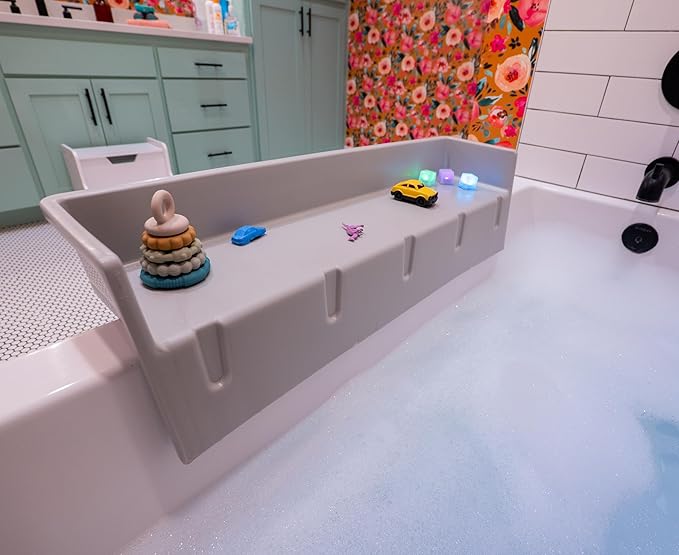 Tub Topper® Bathtub Splash Guard & Bath Shelf for Kids – Toddler Bath Tray, Bath Toys Storage & Ledge Organizer – Splash Guard for Bathtub with Suction Cups – Kids Bathroom Accessories (Gray)