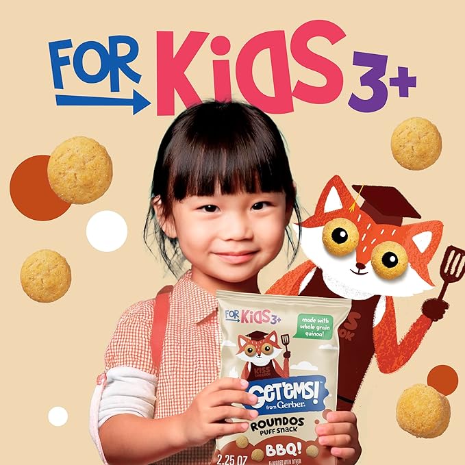 Get'ems! from Gerber, Snacks for Kids, BBQ Roundos, Made with Whole Grain Quinoa, Calcium to Support Strong Bones - 5 pack