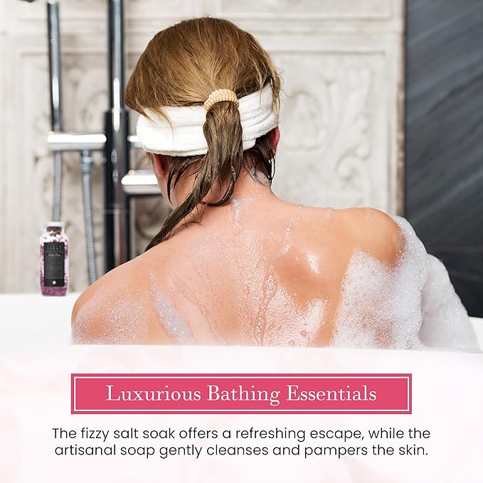 FinchBerry Rosey Posey Gift Set - Ideal Gifts Romantic Occasions, Anniversaries, Birthdays, Women’s Day, Housewarming, or Get Well Soon - Spa Gift Set With Handmade Soap, Fizzy Salt Soak & Soap Dish