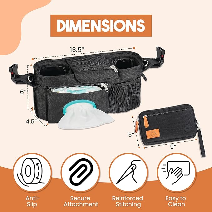 Universal Stroller Organizer with Cup Holder - Baby Caddy Organizer | Stroller Caddy Organizer w/ Anti-Slip Straps to Fit Various strollers like Uppababy, Doona, Nuna & More | Waterproof Walker Bag