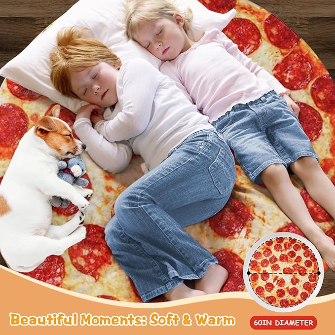 Lhedon Pizza Blanket for Teen Kids, 60 Inch Throw Blanket, Round Pepperoni Pizza Food Blanket, Funny Gifts for Boy Girl, Soft Flannel Blanket for Bed Office Travel
