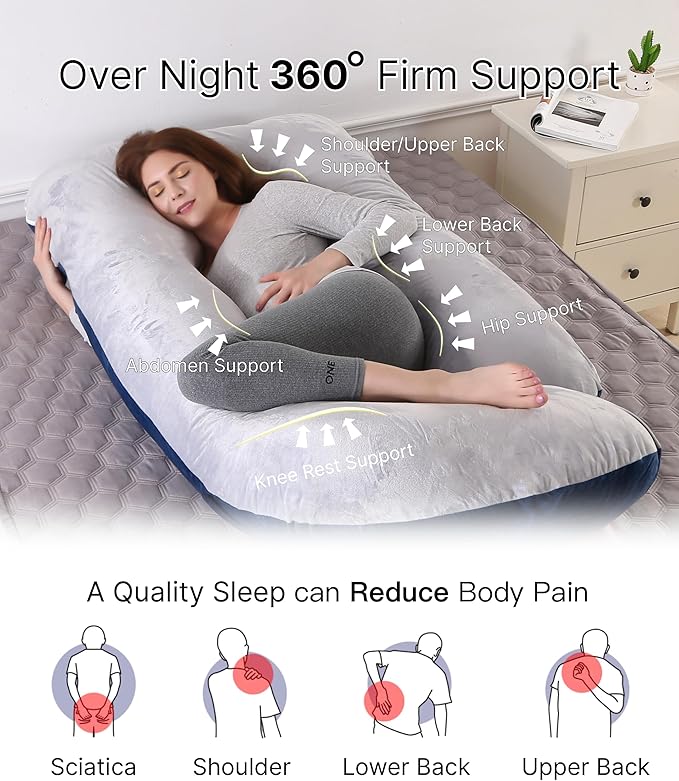 Pregnancy Pillow, Full Body Maternity Pillow 57 inch, with Removable Washable Cover - Sleep Support for Legs, Back, Neck, Shoulder, HIPS, Belly, Velvet Cover-Grey-Dark Blue
