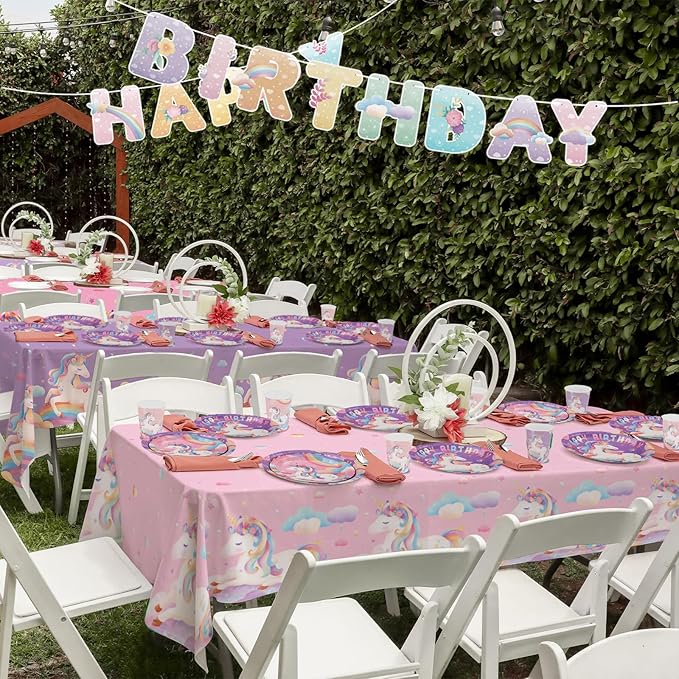 Gatherfun Unicorn Party Supplies Set: Perfect Unicorn Birthday Decorations, Includes 2-Pack Unicorn-Themed Tablecloths for Kids & Girls 1st Birthday, Disposable Table Covers 54 x 108 Inch