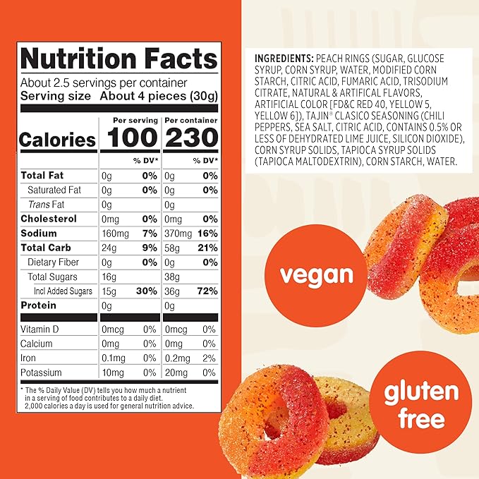 Snak Club Tajin Peach Rings Gummy Candy, Fruit Candy Gummies with Chili and Lime Seasoning, Mild, Gluten-Free and Vegan Snacks, 2.5 oz Snack Bags, 12 Pack