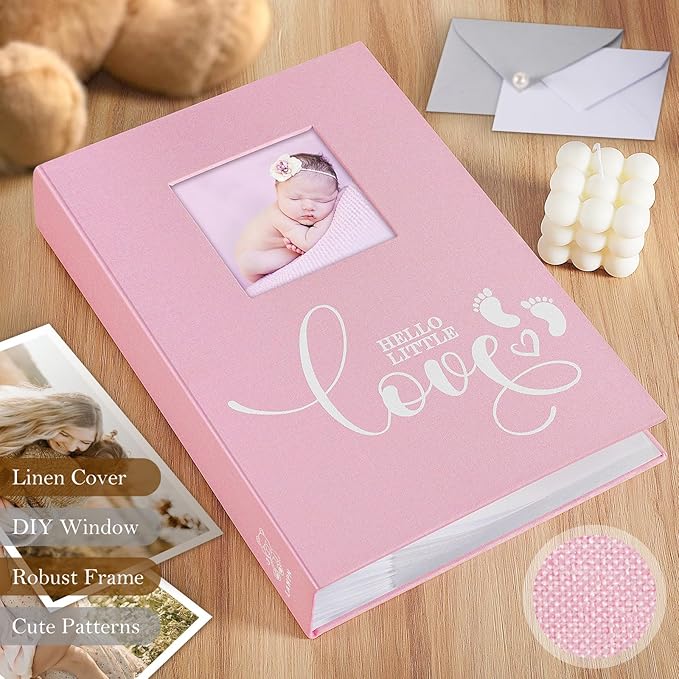 Lanpn Baby Photo Album 4x6 300 Pockets, Linen Hardcover Newborn Memory Book with Memo Writing Area, Bebe Photobook, Slip-in Picture Book, Ultrasound Album Keepsake Gifts for Girl Baby Shower Pink