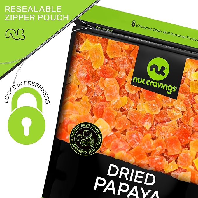 NUT CRAVINGS - Sun Dried Papaya Chunks, Lightly Sweetened (32oz, 2 LB) Bulk Dry Fruits Packed Fresh in Resealable Bag - Sweet Healthy Snack, Naturally Grown, Vegan, Kosher