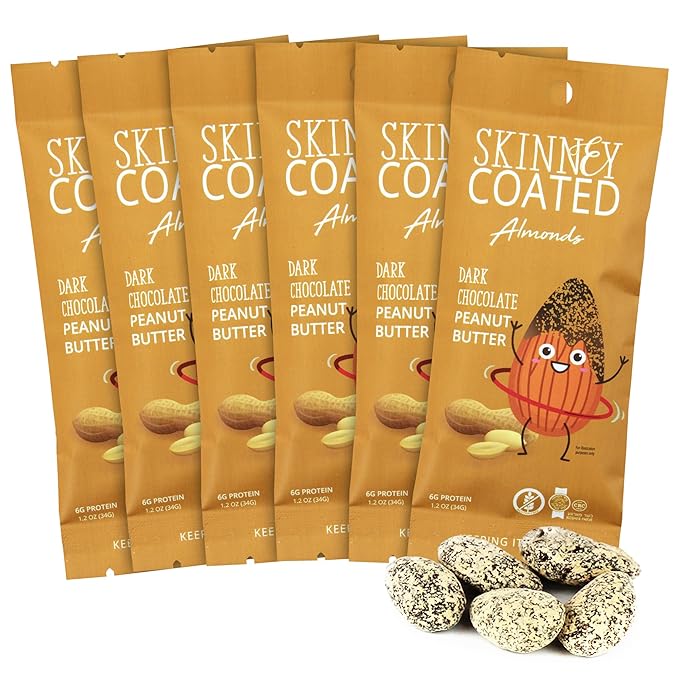Skinny Coated Dark Chocolate Peanut Butter Snacks, Peanut Butter Covered Almonds Healthy Chocolate Snacks in Bulk - Skinny Almonds, Kosher, Gluten Free Sweet Snacks for Adults, 1.2Oz Bag, 6 Pack