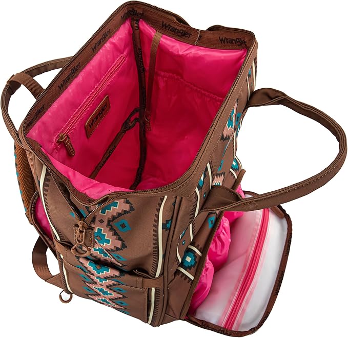 Wrangler Diaper Bag Backpack Aztec Travel Backpack Purses Western Multi-Function Baby Bags for Mom with Waterproof Insulated Pockets