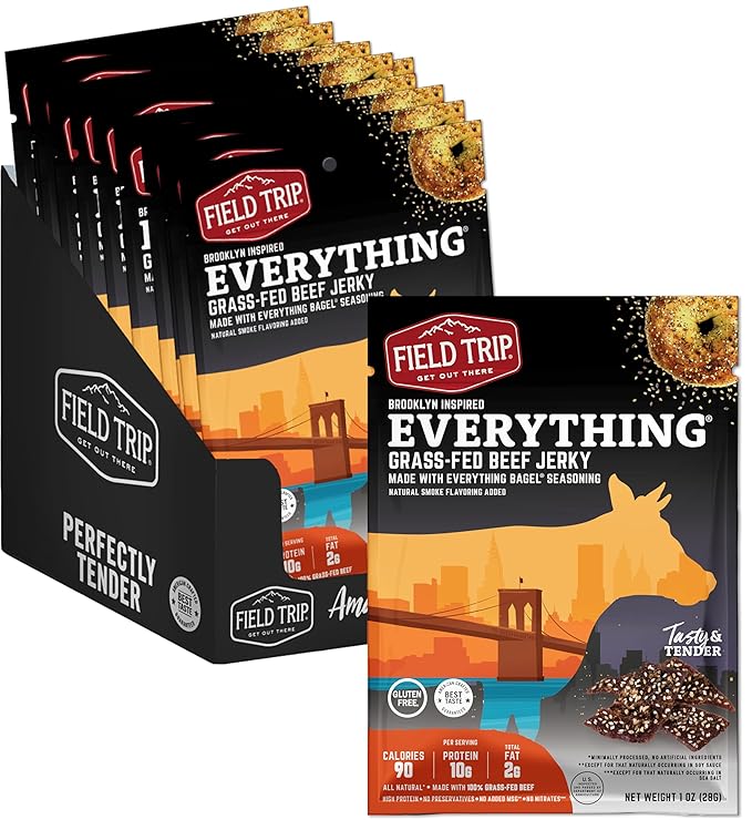 Field Trip Beef Jerky | Gluten Free Jerky, Low Carb, Healthy High Protein Snacks With No Nitrates, Made With All Natural Ingredients | Everything Bagel | 1oz Bags, 12 Pack