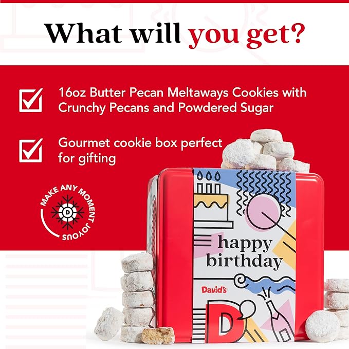 David’s Cookies Happy Birthday Gift for Everyone – 1Lb Butter Pecan Meltaways Cookies with Crunchy Pecans and Powdered Sugar – Premium Fresh Ingredients – Comes with a Lovely Birthday Themed Tin