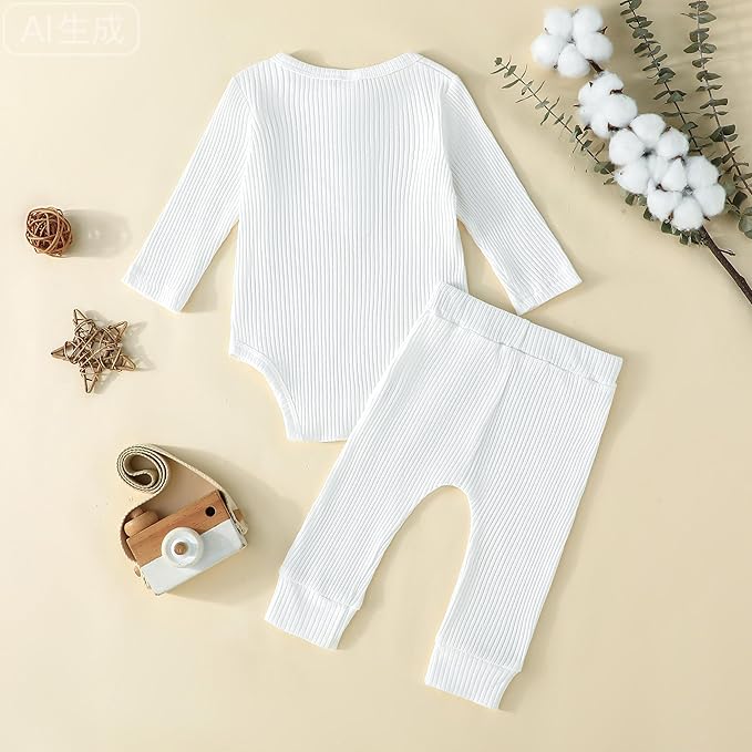 Newborn Baby Boy Girl Clothes Ribbed Knit Cotton Long Sleeve Romper Long Pant Preemie Solid Color Unisex Outfits