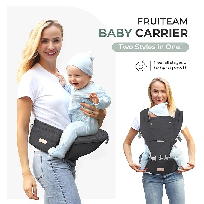 FRUITEAM 6-in-1 Baby Carrier with Waist Stool, One Size Fits All -Adapt to Newborn, Baby Hip Carrier for Breastfeeding, Infant & Toddler