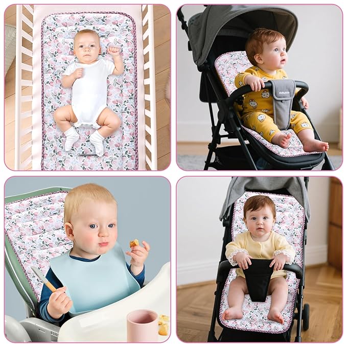 Baby Stroller Cushion,Infant Car Seat Insert-Reversible Universal Breathable and Soft Newborn Stroller Mat,100% Cotton Cover Toddler Seat Pad Liner-34x78cm,1 Pack(Pink Tulip+Pink Triangle)