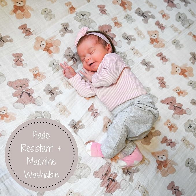 LollyBanks Muslin Swaddle Blankets for Boys and Girls, Large 47 x 47 Inches Soft Swaddles for Newborns, Breathable and Lightweight 100% Cotton Baby Receiving Blankets, Registry (Teddy Bear Theme)