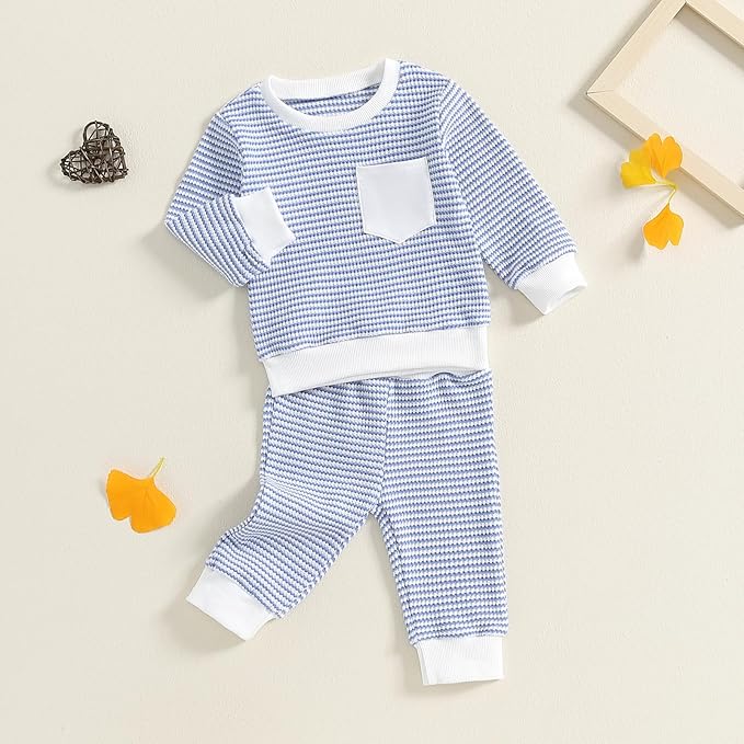 Baby Boy Toddler Fall Outfit Striped Sweatshirt Toddler Boy Winter Waffle Clothes 3 6 12 18 Months 2 3 T Pant Set