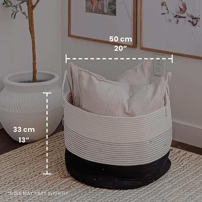 OrganiHaus Woven Laundry Basket, Large Cotton Rope Blanket Holder with Handles, Soft & Sturdy Nursery Hamper, Decorative Toy Bin for Living Room Organization 20x13 inches - Off-White/Black